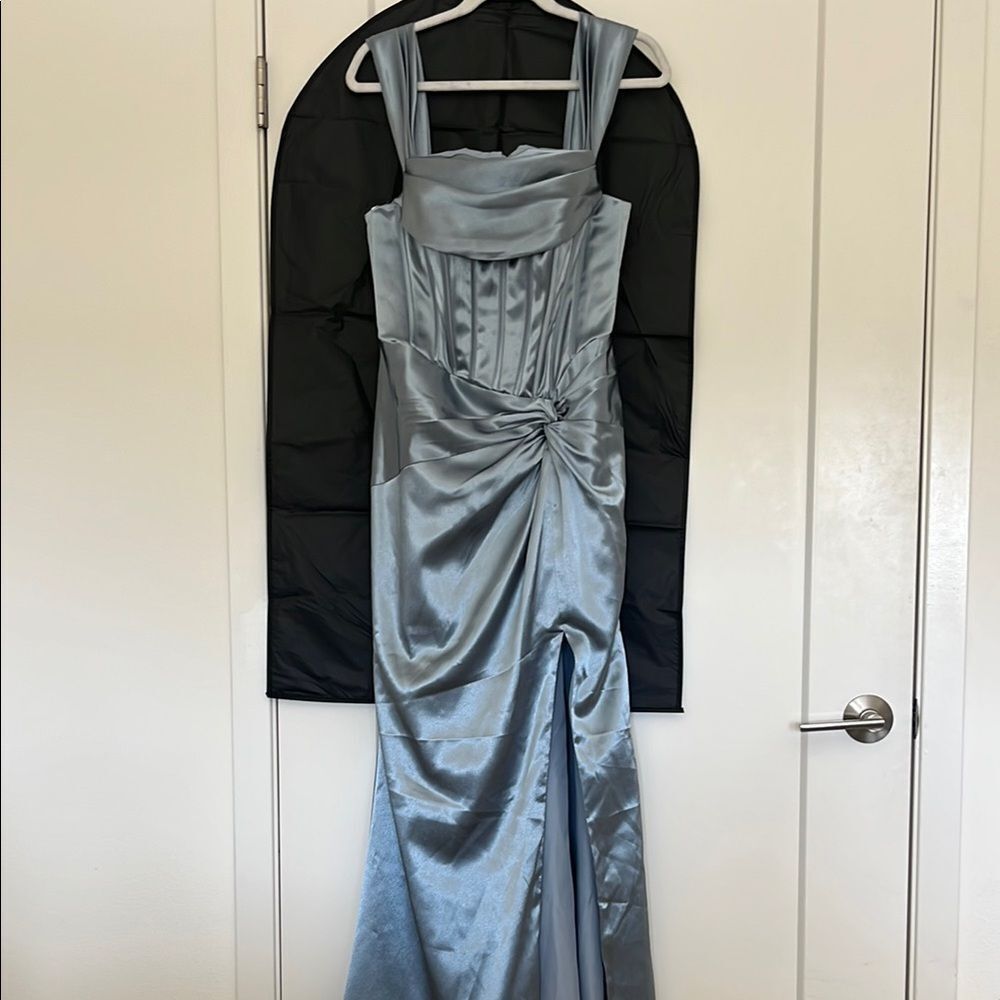 corset dress with high slit and long back tail
